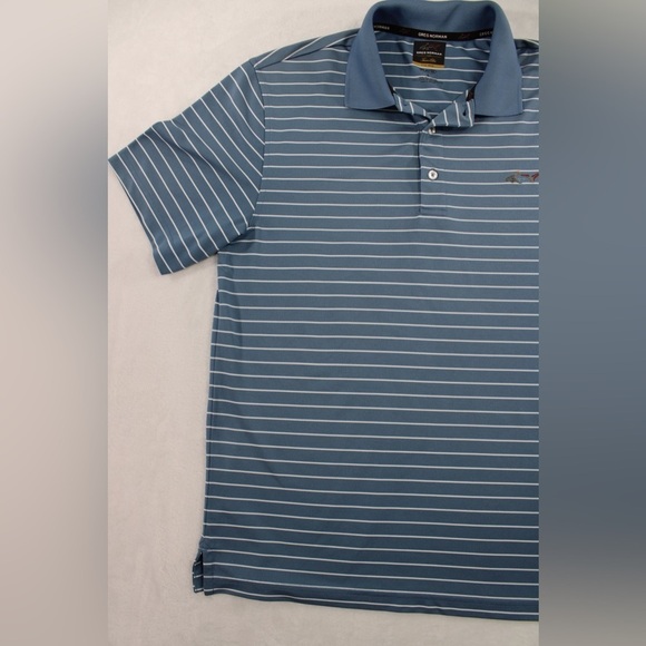 Greg Norman Tasso Elba Mens Small Blue Stripe Polo Short Sleeve EUC Shirt - Picture 2 of 8